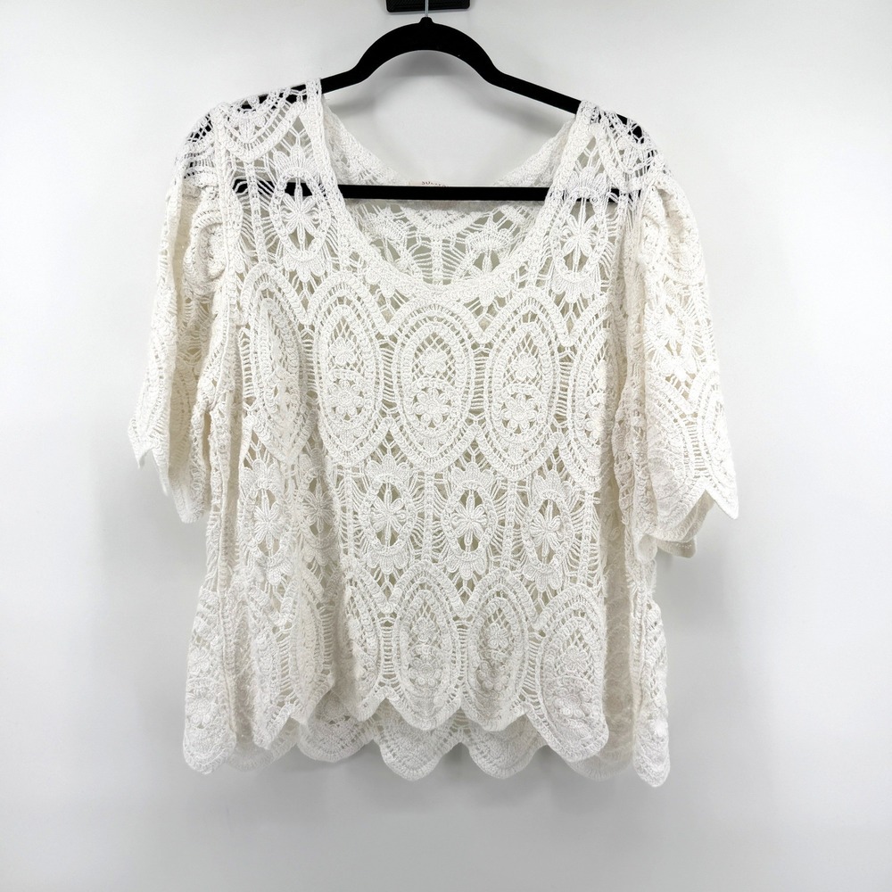 Solitaire Crochet Top Lace Boho‎ L White Womens Summer Coastal Beach Scallop Hem